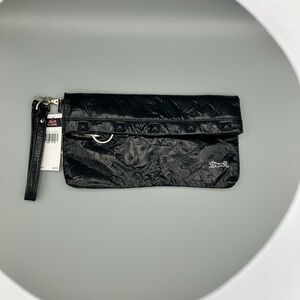 Le Tigre Black magnetic close clutch purse.
